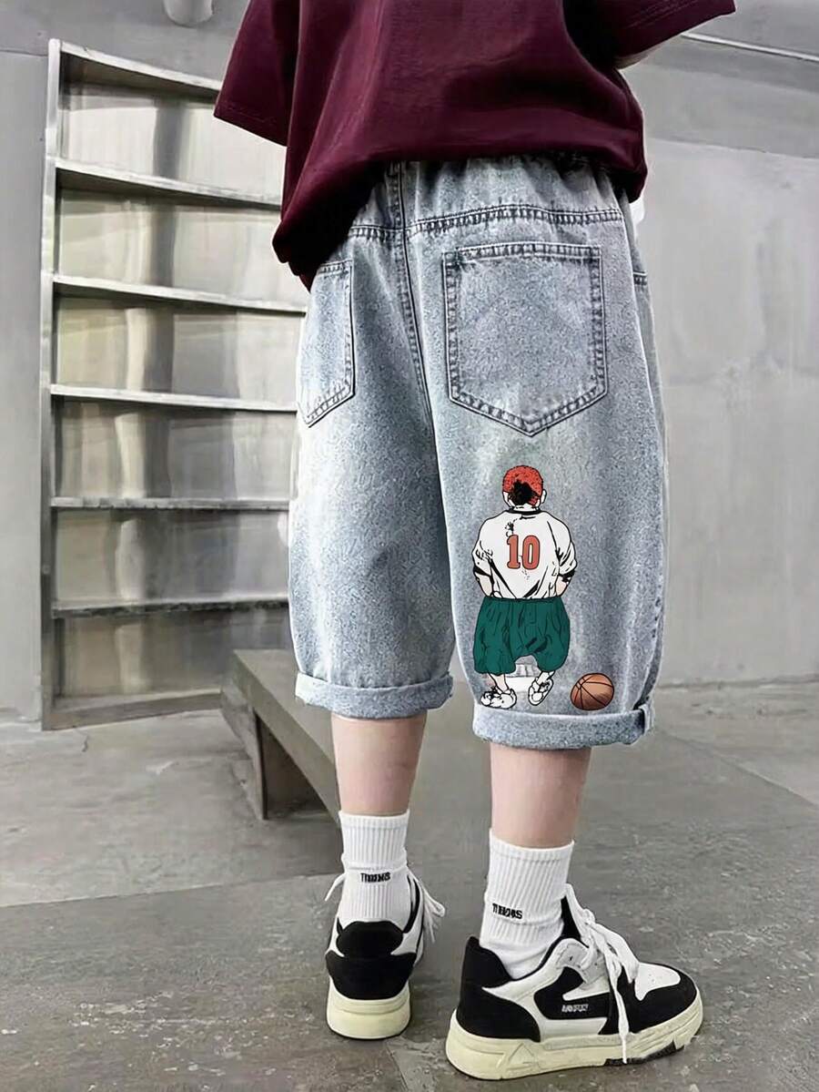 Teen Boys Sakuragi Hanamichi Print Washed Wide Leg Denim Mid-Length Pants - Light Wash - View 1