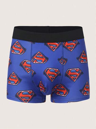Noctvar OBM Sleepwear X SUPERMAN Men's Boxer Briefs, Classic Blue & Red Color Block Print, Soft Skin-Friendly Breathable, Youth Fashion Daily Versatile Home Shorts