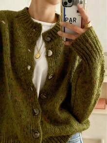 Women's Casual Colorful Dot Button Cardigan, Soft Long Sleeve Round Neck Lightweight Knit Fashion Candy Dot Pattern, Casual Elegant Knit | Elastic Fabric Cardigan Suitable For Daily Wear - Army Green - View 6
