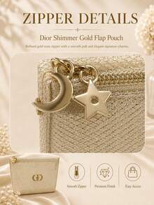 Bolsa de maquillaje tejida metálica dorada Dior 14*20cm, tela perlada, cremallera con estrella & luna, almacenamiento de maquillaje, textura de lujo, adecuada para uso personal y regalos - Dorado - Ver 7