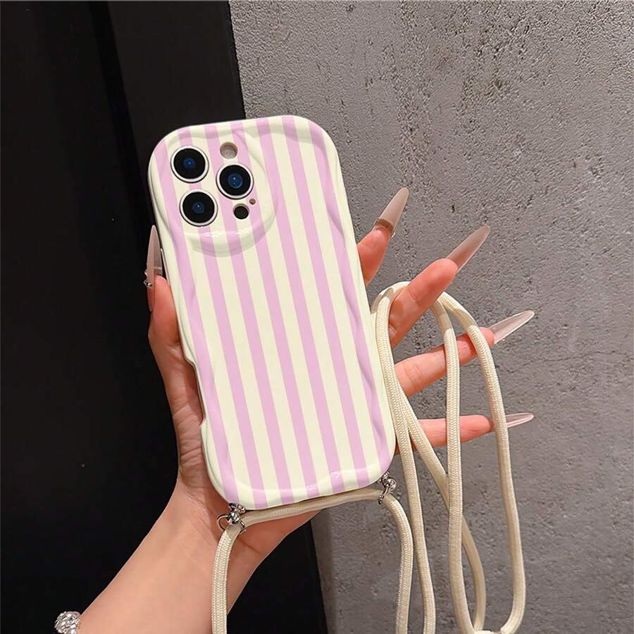 Funda de teléfono con cordón multifuncional ajustable y correa cruzada, rayas verticales rosas llamativas, carcasa protectora a prueba de golpes de TPU fácil de usar para teléfonos Apple - Multicolor - Ver 1