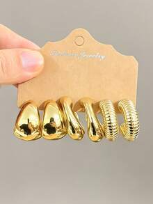 3-9 Pairs Fashionable C-Shaped Gold-Plated Earrings, Geometric Multi- Gold Earring Set, Women's Fashion Earring Set, Daily Wear, Non-Fading Low-Allergy Gold-Plated Earring Set - Gold - View 3