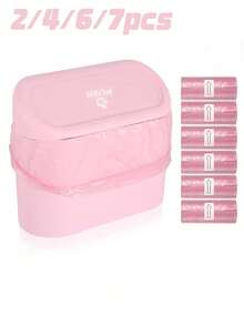2/4/6/7pcs Car Trash Can Side Hanging With Lid Storage Bucket And Garbage Bag Set, Cute And Practical Car Trash Can And Garbage Bag - Pink - View 1