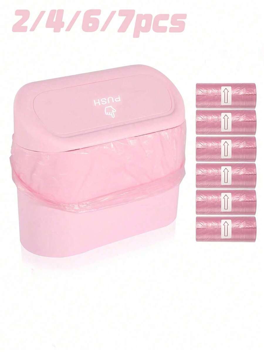 2/4/6/7pcs Car Trash Can Side Hanging With Lid Storage Bucket And Garbage Bag Set, Cute And Practical Car Trash Can And Garbage Bag - Pink - View 1