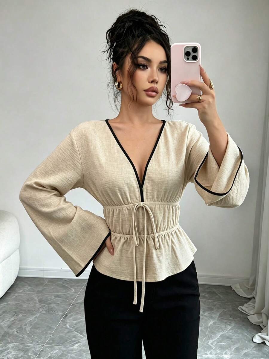Women's Deep V-Neck Long Bell Sleeve Blouse, Contrast Trim And Knot Detail, Bell Hem Regular Shirt, Perfect For Autumn Outfits - Apricot - View 1