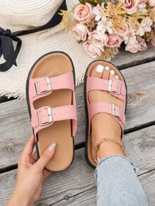 Women Comfort Slide Sandals With Double Buckle Straps, Open Toe Flat Shoes, Lightweight Casual Slippers For Summer Daily Outfits - Nude Pink - View 7