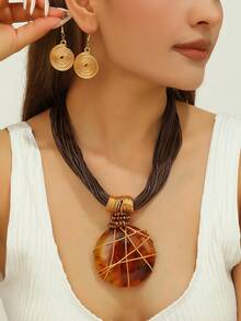Handmade Exaggerated Multi-Layer Aluminum Wire Artificial Crystal Wax Line Resin Woven Bohemian Vintage Glamorous Evening Party Necklace & Earrings Set, EU/US Style - Coffee - View 3