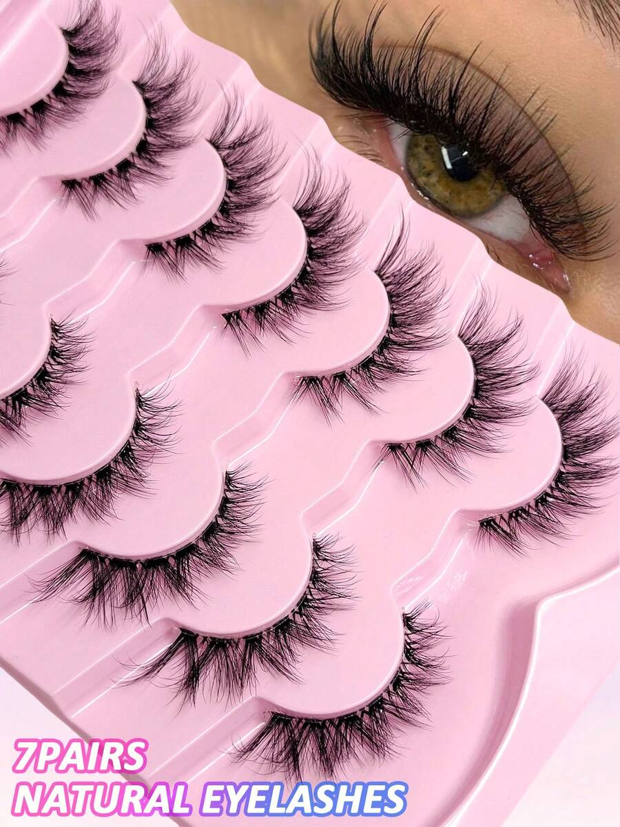 7 Pairs Crossed Lashes, Clear Band Fluffy And Natural False Lashes, Soft Wispy Lashes Travel Essentials Suitable For Beginners - Black - View 1