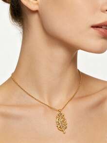 1 Set de Collar con Colgante y Pendientes de Diseño de Pluma Estilo Minimalista Elegante de Acero Inoxidable, Joyería para Mujer, Adecuado para Uso Diario o Asistir a Conciertos o Compromisos, Regalo Perfecto de Vacaciones para Mujeres - Amarillo Oro - Ver 7