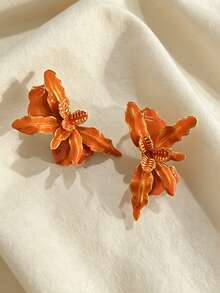 1 Pair Summer Fresh Bohemian Style Elegant Orange Enamel 3D Orchid Design Women's Earrings, Suitable For Island Travel Photography, Daily Wear, Vacation, Party - Orange - View 3