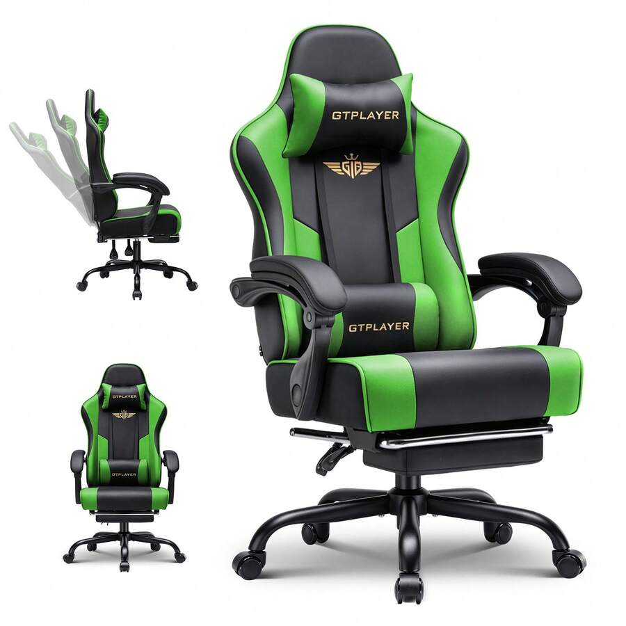 EXRACING Gaming Chair - Ergonomic Gaming Chair With Footrest, Headrest And Lumbar Support, Height Adjustable, Padded, 180 Kg - 綠色 - 查看 1