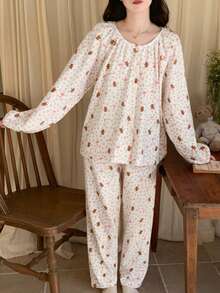 2pcs Women's Pajama Set, Cute Bear, Bow, Ditsy Floral Round Neck Button-Down Korean Style Long Sleeve Pants, Easy Care Fabric - Multicolor - View 6