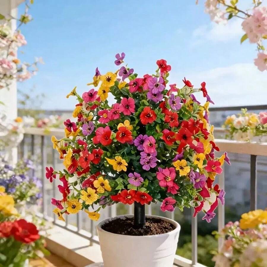 2/1 pieza Flores artificiales erguidas con tallos, adecuadas para decoración exterior de primavera/verano, margarita y eucalipto de seda falsa, resistentes a los rayos UV, adecuadas para porche, patio interior, balcón, decoración de jardín, plantas artificiales, decoración de otoño - Multicolor - Ver 1