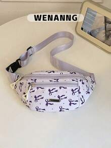 1pc Bowknot Print Chest Bag, Multifunctional Waist Bag Belt Bag, Lightweight Waist Bag, Adjustable Shoulder Strap Crossbody Bag, Large Capacity Multi-Pocket One Shoulder Bag, Suitable For Students/Girls/Young People, Applicable For Fitness Running Travel Hiking Jogging Shopping Outdoor Sports Daily Use - Purple - View 9