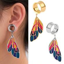 2pcs Hypoallergenic Color Enamel Butterfly Wing Dangle Ear Gauges Plugs, Stainless Steel Hollow Ear Tunnel Stretchers, Expander Piercing Jewelry - Round - View 1