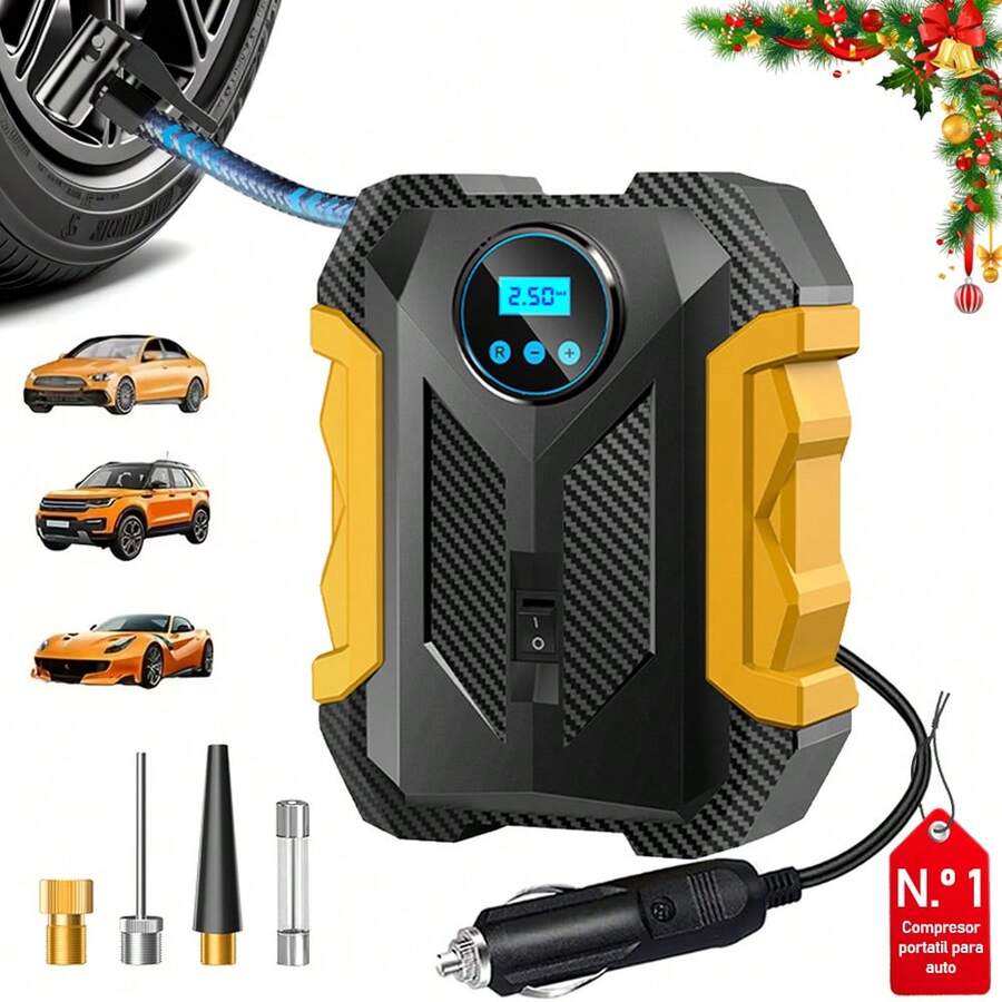 Carsun 22缸便携式轮胎充气泵，铜芯电机带数字显示屏、LED灯、碳纤维纹理，3个喷嘴适配器，12V直流车载插头，快速充气，自动断电，集成储物空间，适用于汽车轮胎和充气产品（CE FCC认证）