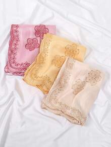 1件女款奢華刺繡歐根紗頭巾，輕盈透氣，陽光下閃亮，春夏旅行必備 - 多色-花朵刺繡 - 查看 8