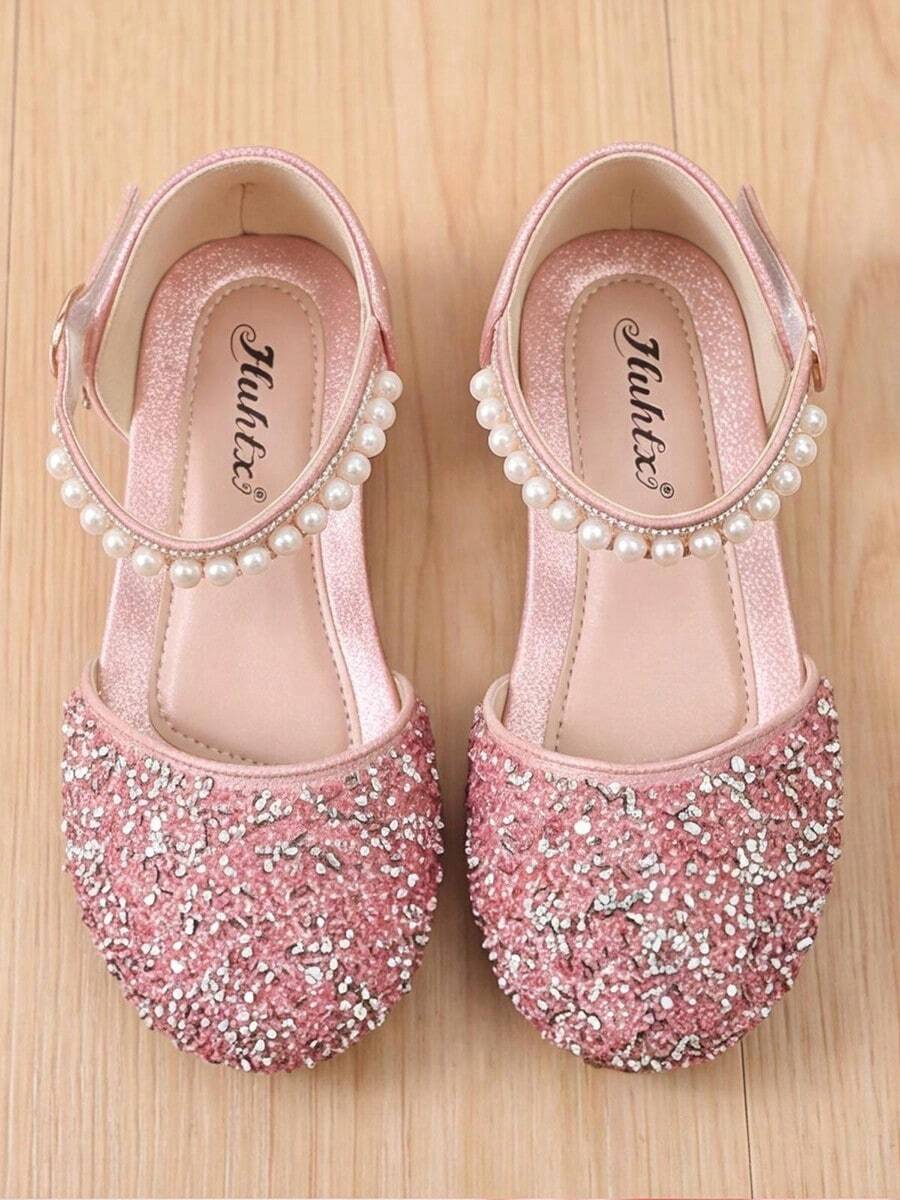 2026 Pink Shiny Little Girls Sandals, Faux Pearl Decor, Adjustable Thin ...
