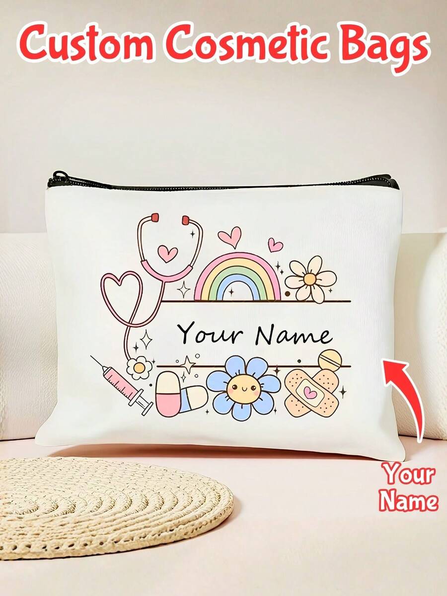 Custom Name Canvas Makeup Pouch, Lovely Doodle Floral Rainbow Pattern Zipper Storage Bag, Lightweight Portable Travel Cosmetic OrganizerVersatile Stationery Pencil BagIdeal Personalized Birthday PresentForYoung WomenGirls Daily Small Item Carry Pouch - Multicolor - View 1