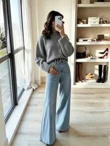 Autumn/Winter Casual Solid Color Ribbed Loose Knit Sweater Fall - Grey - View 2