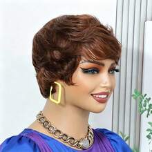 Lolely Dream Women's Short Layered Pixie Cut Wig 4# Chocolate Hair Bangs Style Glueless Full Machine Made - S4 - View 6