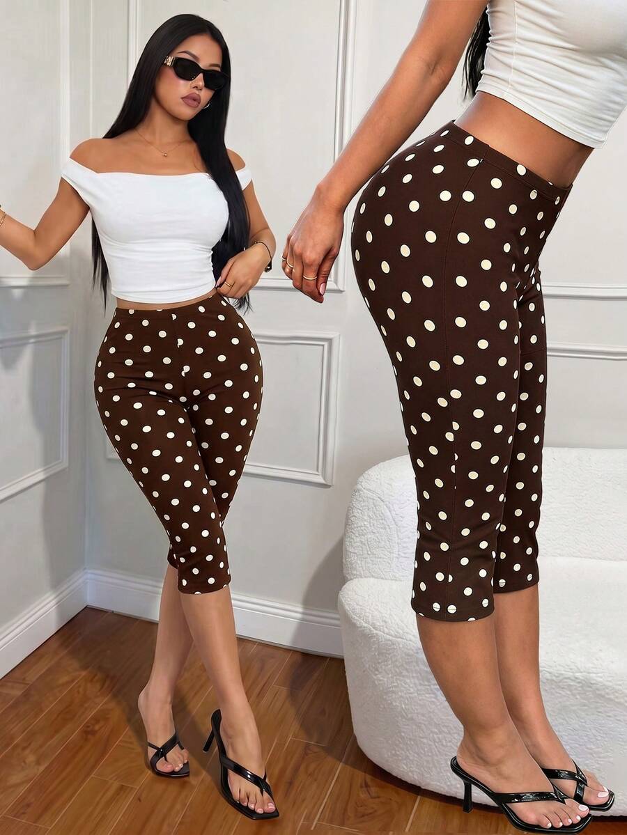 Women's Summer Comfortable Leopard Print Slim Fit Leggings, Retro Polka Dot High Waist Elastic Slimming Tummy Control Butt Lifting Capris Vacation - Multicolor - View 1