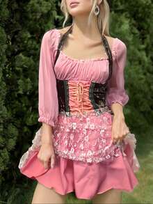 Women Pirate Costumes Contrast Long Sleeve Short Dress Halloween Cosplay Clothes For Party Club Stage - Pink - View 7