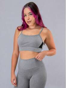 Gray Cropped Top With Straps, Crossed Back, No Transparency, And Removable Padding - Gray With Black Detail and Straight Strap. - View 1