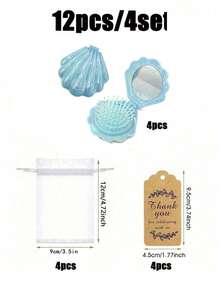 3/12/18pcs Blue Shell Air Cushion Comb Gift Bag Set, Includes Shell Mirror Comb + Organza Bag + Thank You Card, Compact Foldable Mirror Comb, Suitable For Weddings, Holiday Events, Birthdays, Theme Parties, Gatherings, Souvenirs, Scene Atmosphere Decoration - Multicolor - View 13