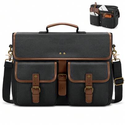 Messenger Bag Men Canvas 15.6 Inch Computer Laptop Bag Waterpfoof Satchel Bags For Men Work Office, Black