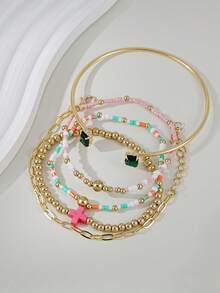 5pcs Exquisite Cross Decor Bracelet & Multi-Layer Bracelet Set, CCB, Colorful Bead Bracelet, Suitable For Women's Daily, Vacation, Party Wear, Friendship Gift - Multicolor - View 5