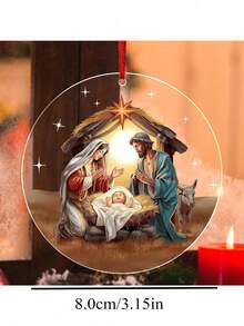 1 Stück 8cm*8cm Jesus Geburtsszene runder Acryl Dekorativer Anhänger, Auto Rückspiegel Dekoration Geschenk, Religiöses Geschenk für Familie und Freunde, geeignet für Ostern, Weihnachten, Alltag und Heimdekoration - Mehrfarbig - Übersicht 2
