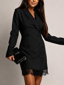 Elegant Women's Black Suit Dress, Lace Hem, Long Sleeve Lapel, Button Decor, Suitable For Autumn Occasions And New Year Outfits - Black - View 4