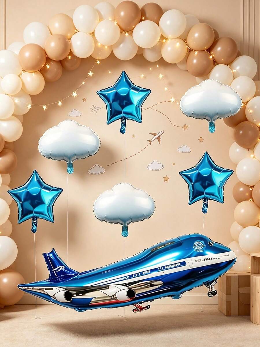 7pcs Large Blue Airplane White Cloud Foil Balloons, Suitable For Birthday Party, Adventure Theme Party Decoration, Home Decor Toy Balloons Airplane Random Style - View 1