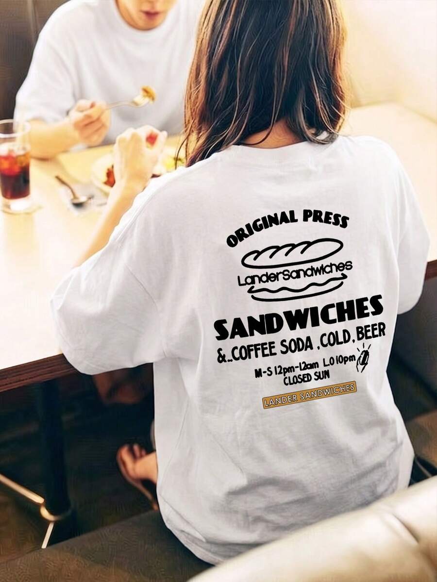 女款時尚夏季休閒寬鬆百搭字母與漢堡印花短袖T恤 夏季服飾 白色 - 白色 - 查看 1