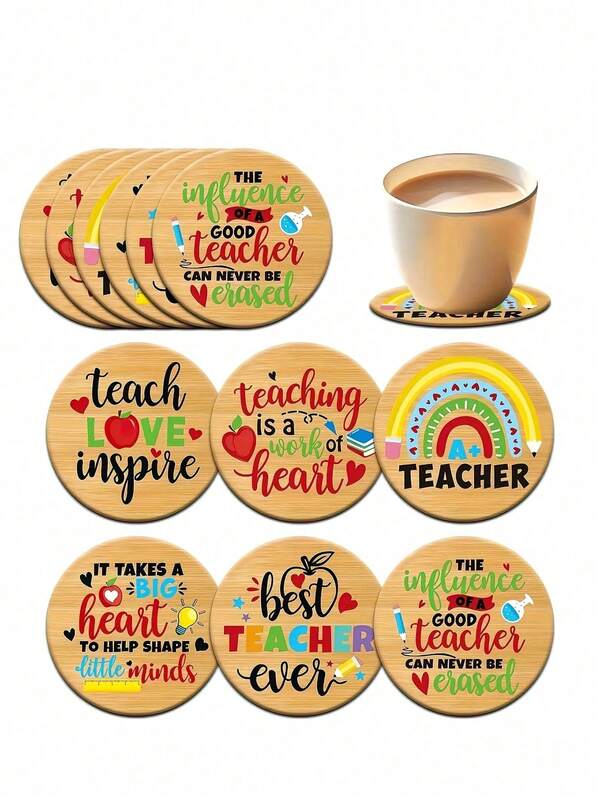 1/6/12pcs Round Coasters - Best Teacher's Day Design - Non-Slip Tabletop Protection And Decorative Gift Art Coasters, Printed With Teacher's Day Greetings, Non-Slip Placemats, Kitchen Supplies, Round Design, Fashion Home Decor, Perfect Gift For Teacher's Day And Thanksgiving, Suitable For Holiday Home Decor And Holiday Tableware