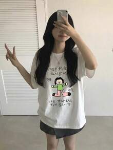 大码女式休闲简约短袖上衣，卡通人物印花，时尚百搭，白色，夏季必备 - 白色 - 查看 10