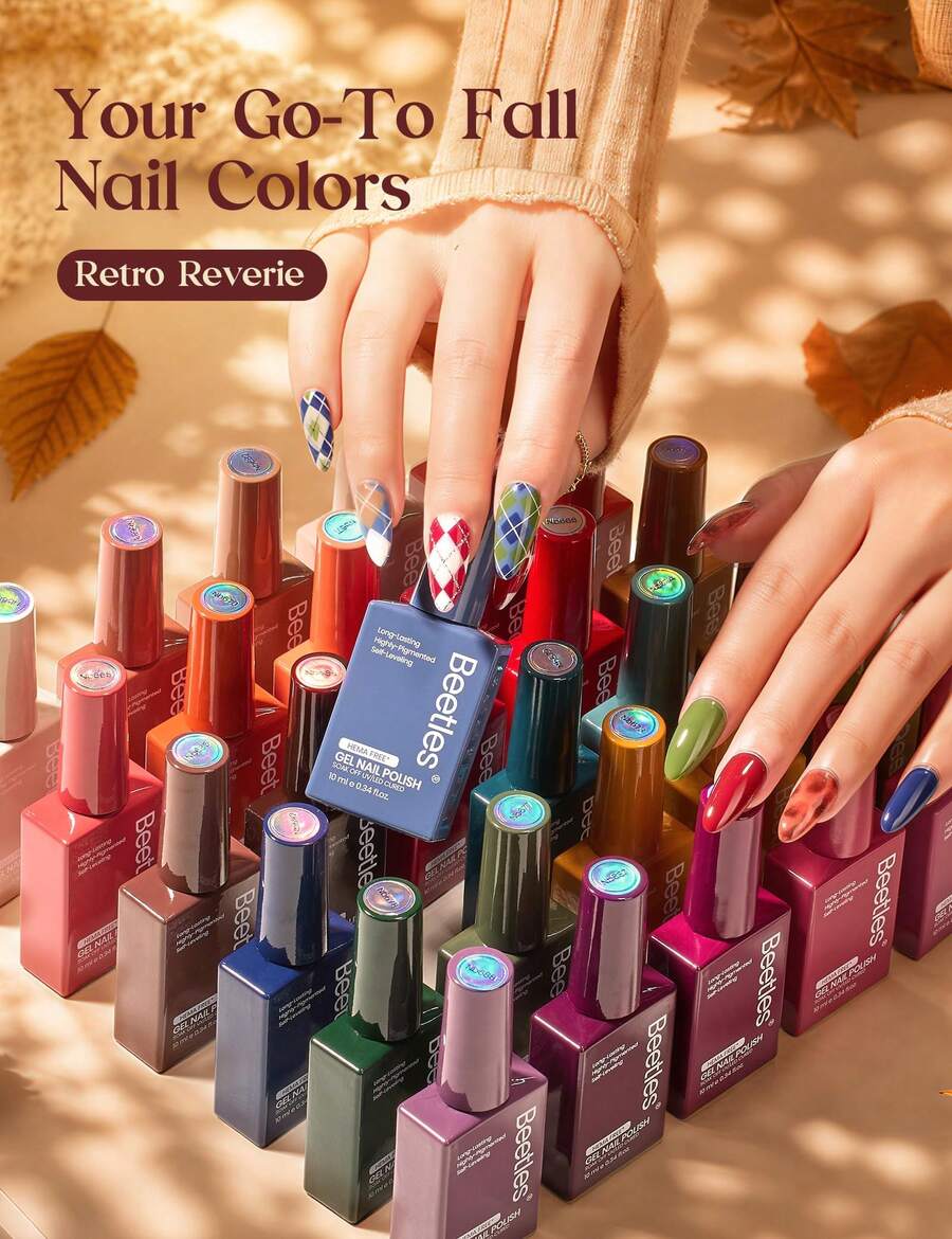 Beetles 30 Colors 10ml Each HEMA Free Spring Gel Polish Kit With Top And Base Coat, Swatch Card Soak Off UV LED Manicure - 30 Colors 10Ml Retro Reverie - 查看 1