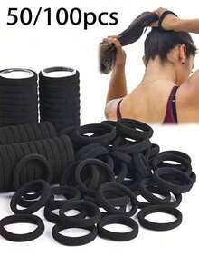 50/100pcs Women's Black Fashion Minimalist 4cm High Elastic Hair Bands, Hair Accessories, Gift Recommendation - Multicolor - View 1