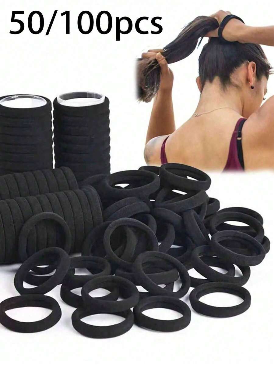 50/100pcs Women's Black Fashion Minimalist 4cm High Elastic Hair Bands, Hair Accessories, Gift Recommendation - Multicolor - View 1