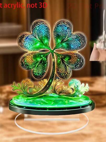 2D Flat Acrylic Decor, Suitable For All Four Seasons Gift, Bohemian Style Four-Leaf Clover Design Acrylic Ornament With Base, Plant Theme Desktop Decoration, Perfect St. Patrick's Day Gift, Suitable For Bedroom, Living Room Or Outdoor Use
