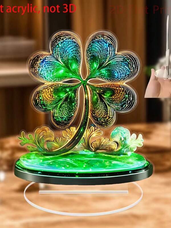 2D Flat Acrylic Decor, Suitable For All Four Seasons Gift, Bohemian Style Four-Leaf Clover Design Acrylic Ornament With Base, Plant Theme Desktop Decoration, Perfect St. Patrick's Day Gift, Suitable For Bedroom, Living Room Or Outdoor Use