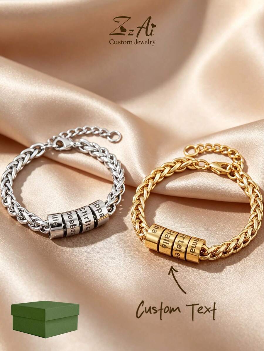 Customized Family Name Men's Bracelet, 8mm Stainless Steel Bracelet, 20cm 22cm Gold Silver Personalized Stainless Steel Beads Laser Engraved Your Family Name Date Birthday Gift Christmas Gift Father's Day Gift - 20cm Bracelet - View 1