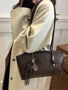 1pc New Coffee Color Rhombus Pattern Bowling Bag, Zipper Closure, Solid Color PU Material, Large Capacity Handbag, Very Suitable - Coffee - View 4