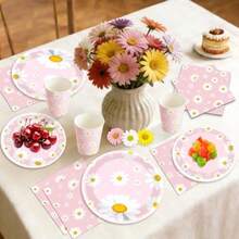 80 Pcs Daisy Plates And Napkins Party Plies Boho Groovy Disposable Tableware Dinnerware Set Includes Flower Paper Plates Napkins Cups For Hippie Birthday Decor - 粉紅色的 - 查看 3