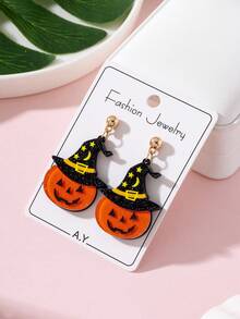 1 Pair Halloween Shiny Witch Hat & Pumpkin Patchwork Design Women's Fashion Jewelry Earrings, Perfect Gift For Holiday Parties - Multicolor - View 2