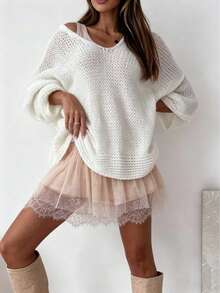 Women's White Deep V Neck Chunky Knit Sweater, French Romantic Loose Drop Shoulder Pullover, Casual Oversized Long Sleeve Fall Winter Knit Top - White - View 8