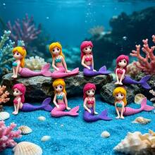 4件裝彩色美人魚裝飾小雕像，粉色/紫色尾巴配黃色/粉色頭髮，生動設計，適用於魚缸裝飾、景觀擺飾，完美禮物（隨機款式） - 歡樂水族 - 查看 7
