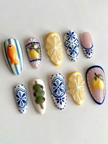 10 Stück französische mandelförmige lange Nagelaufkleber, mediterraner Urlaubsstil Nagelkunst, Amalfi Nägel, Zitrone, Vintage, inklusive 1 Jelly-Kleber und 1 Nagelfeile, geeignet für Frauen/Mädchen zum täglichen Tragen, Sommer, Press-On Nagelaufkleber, Kunstnägel, Nagelzubehör - Verschiedenfarbig - Übersicht 1