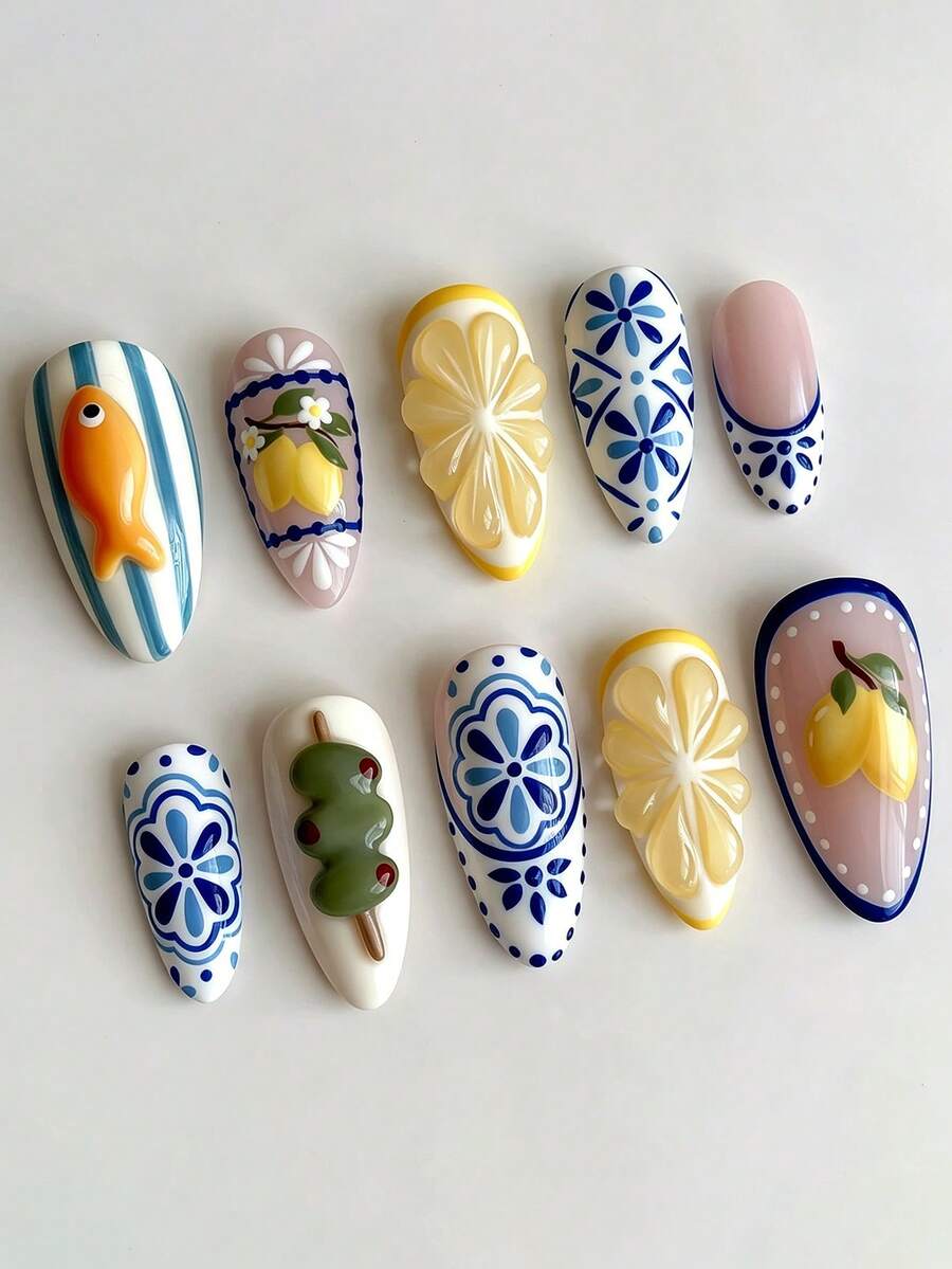 10 Stück französische mandelförmige lange Nagelaufkleber, mediterraner Urlaubsstil Nagelkunst, Amalfi Nägel, Zitrone, Vintage, inklusive 1 Jelly-Kleber und 1 Nagelfeile, geeignet für Frauen/Mädchen zum täglichen Tragen, Sommer, Press-On Nagelaufkleber, Kunstnägel, Nagelzubehör - Verschiedenfarbig - Übersicht 1